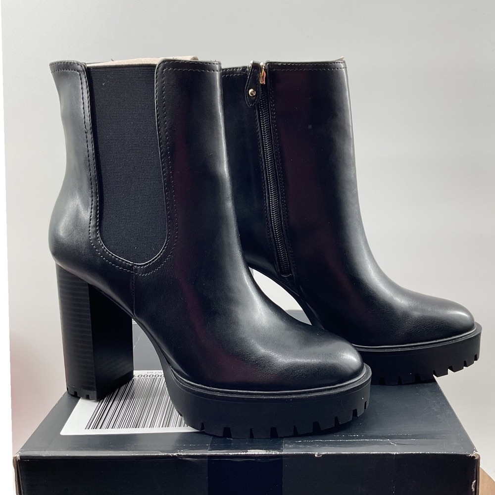 INC International Concepts Black Platform Block Heel Chelsea Lug Ankle Boots